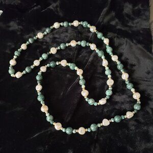 Beautiful Faux Pearl & Faux Jade Necklace 32" Long